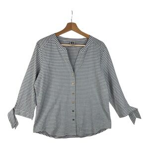 Anne Klein Striped V-neck Button Down Blouse size Medium Gray/White
